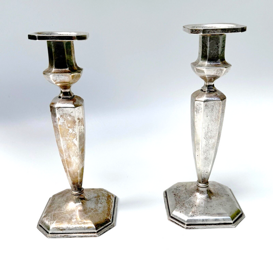 Vintage Mueck-Cary Sterling Silver Pair of Candle Sticks w Monogram 9 1/2 "(WeP)