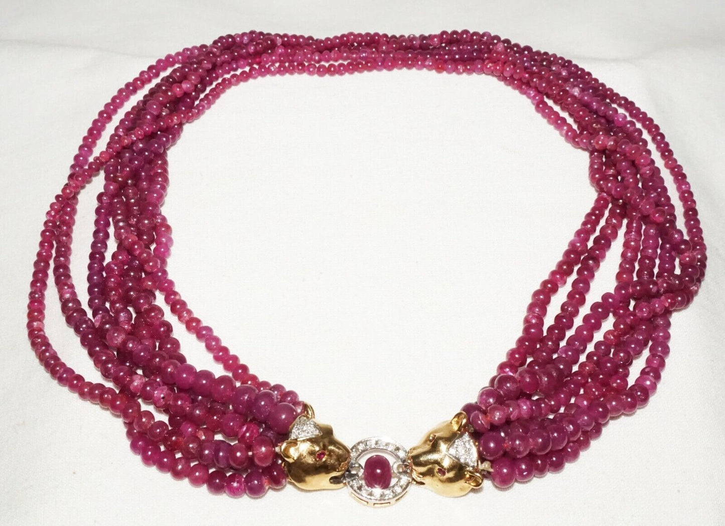 Vintage 7x Strand Ruby Bead Necklace w. 14k Y. Gold Double Leopard Clasp (LeD)