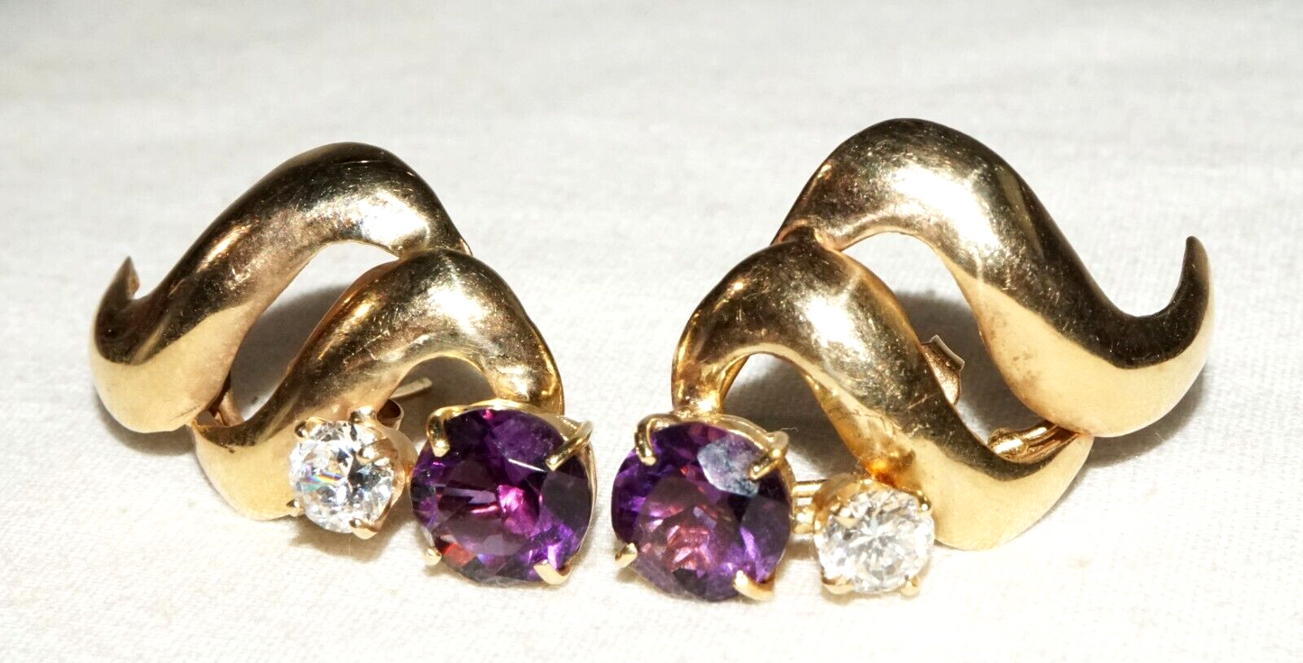 Vintage Modernist 14k Yellow Earrings 2x Amethysts & 2x Cubic Zirconia (GoB)#18b