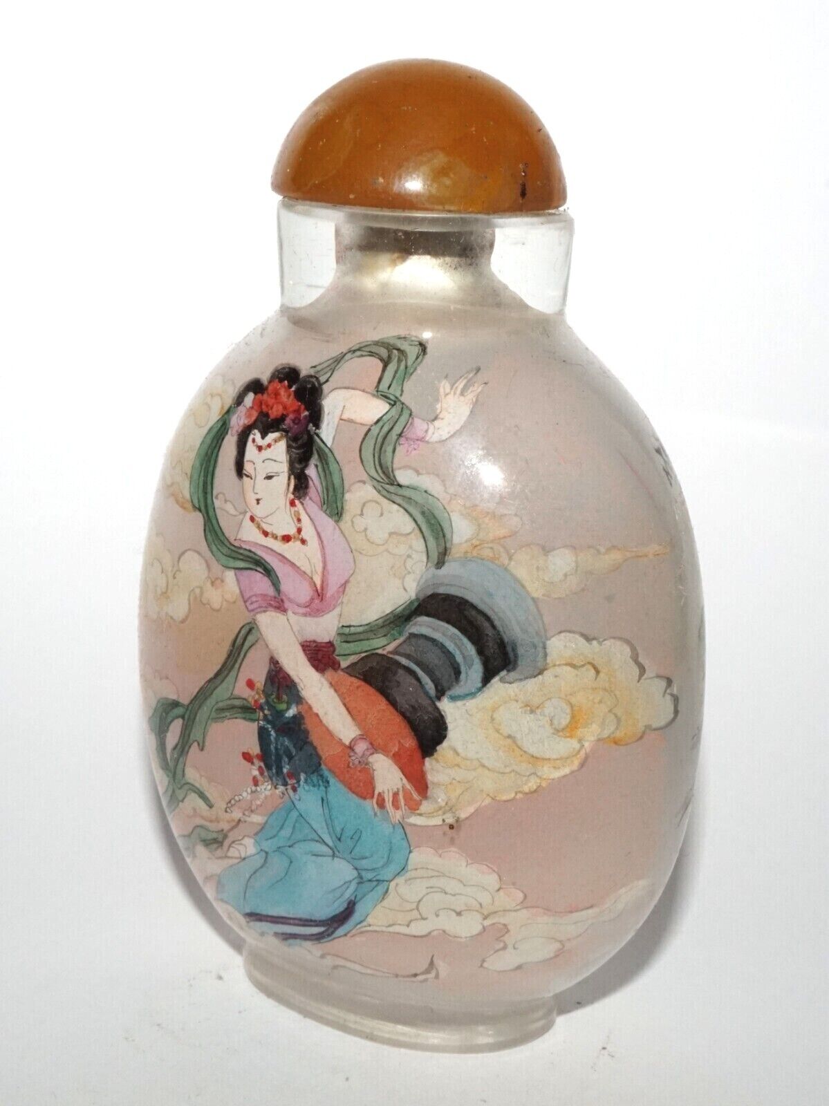 Vintage Chinese Reverse Painted Glass Snuff Bottle w Woman Motifs (LeS) G12