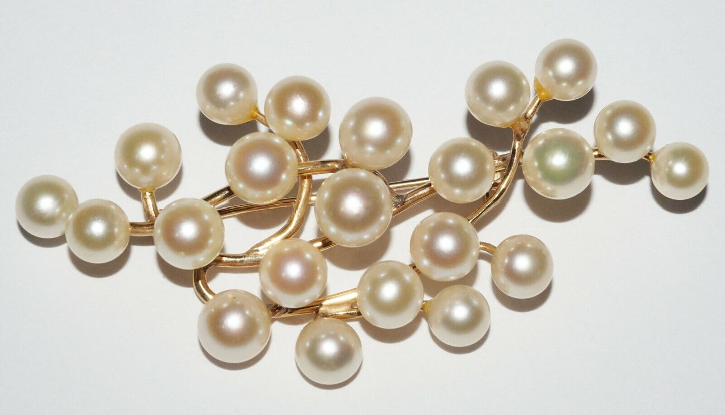 14k Yellow Gold Branch Motif Brooch set w. 24x Pearl Accents (NaD)#7