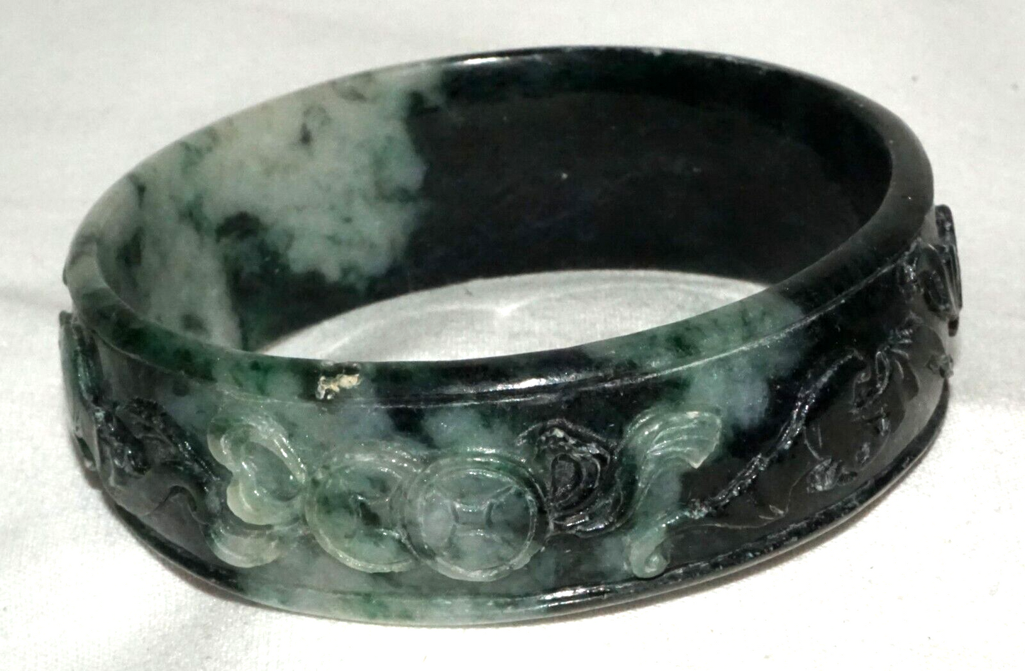 Vintage Chinese White & Green Jadeite Jade Bangle Bracelet Bat & Coin (LeS)L25