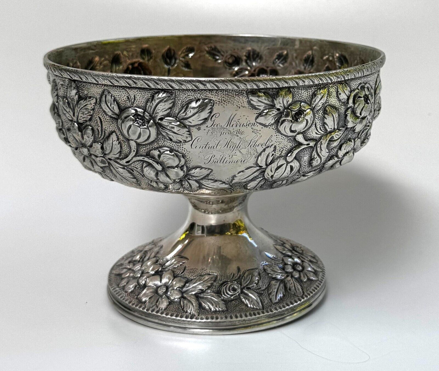 Antique 11 oz Coin Silver S. Kirk & Son Footed Bowl w Floral Repousse (WeP)