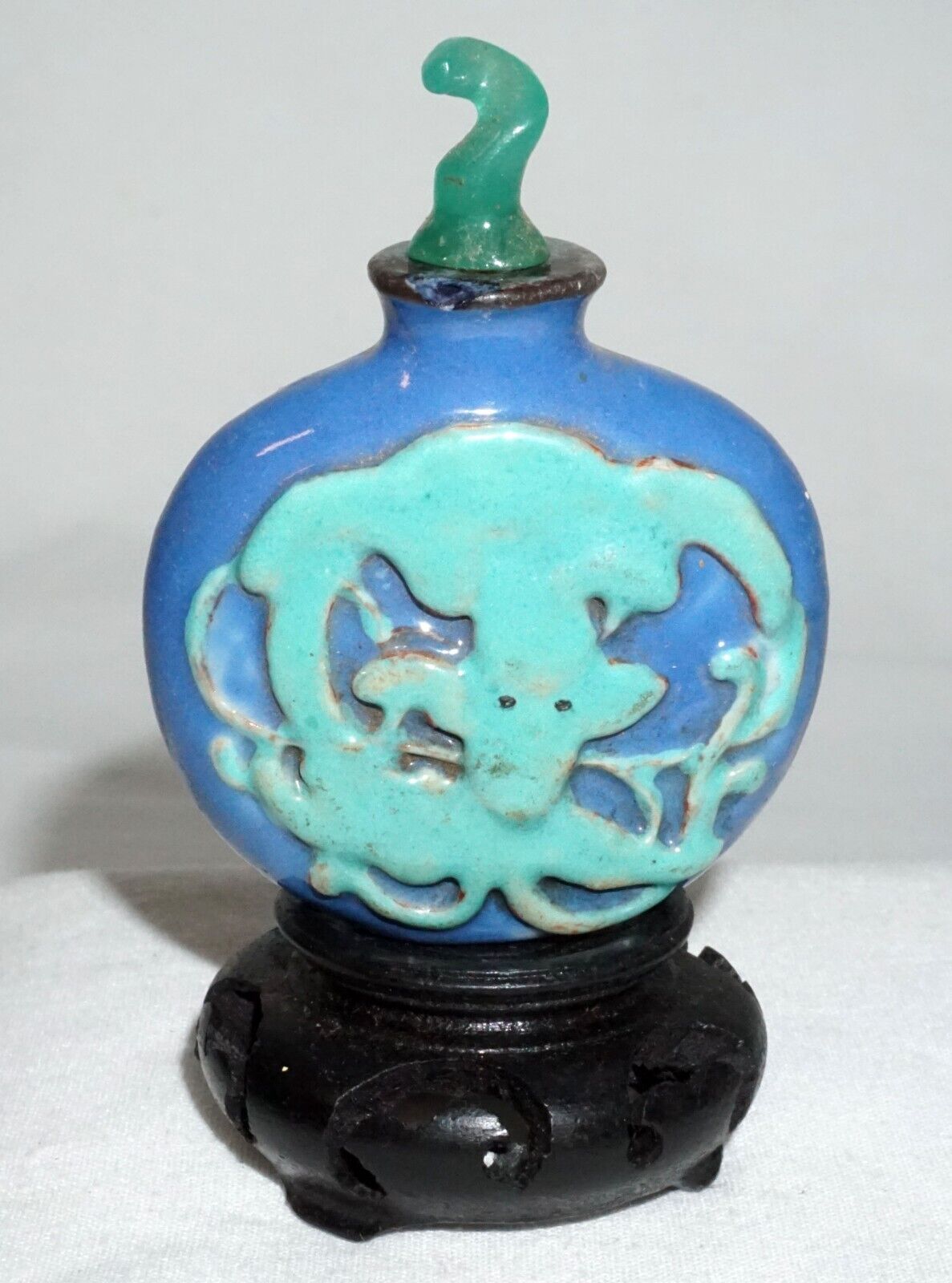 Vintage Chinese Blue Ground Porcelain Relief Dragon Motif Snuff Bottle (LLA) IC