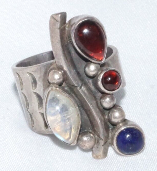 Vintage Sterling Ring Accented w Tanzanite, Garnet & Moonstone Adjust Sz (LoC)L2