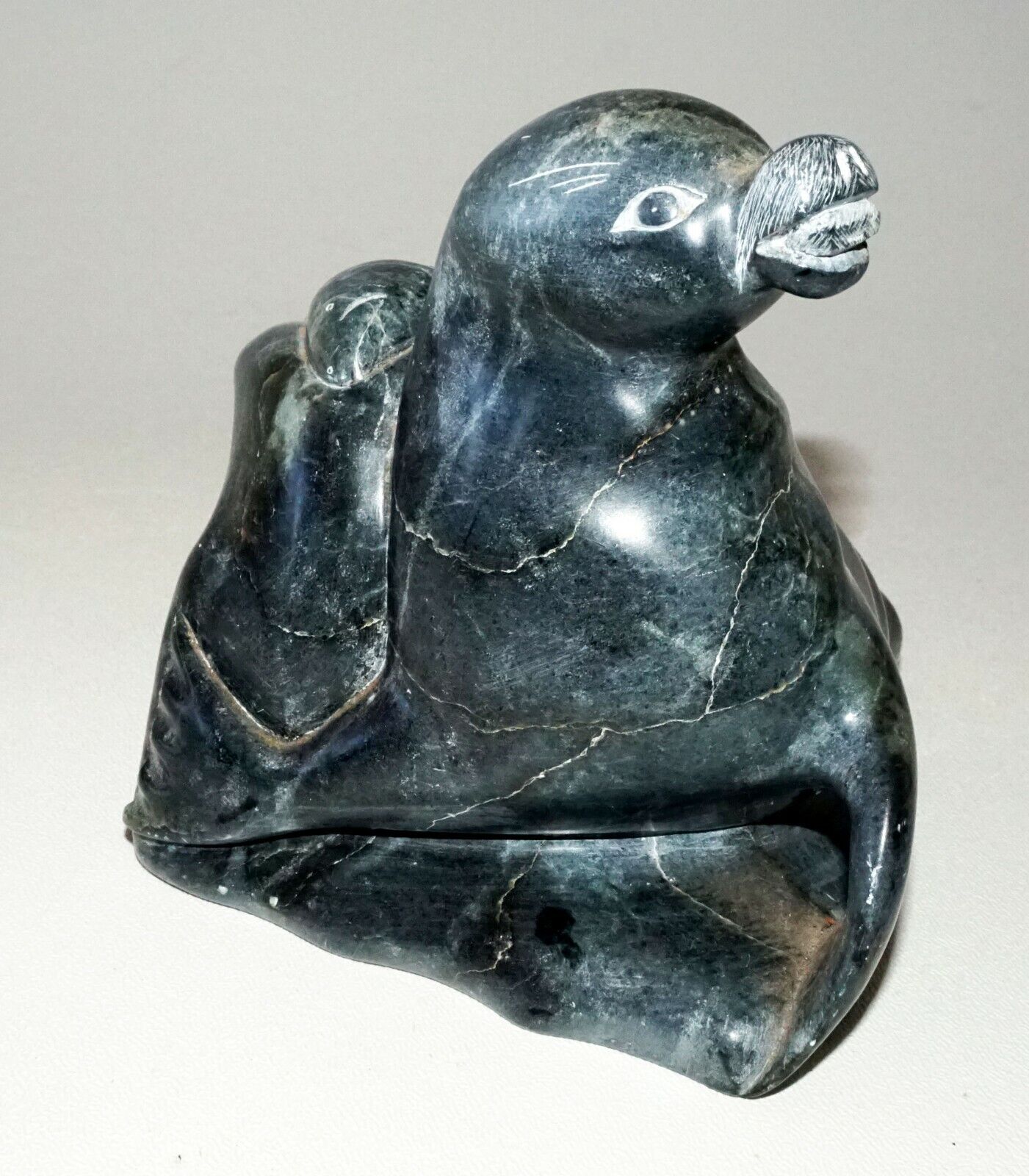 1990s Inuit Eskimo Stone Carved Seal & Fish Kenuajuak Lucassie Povungnituk (CLB)