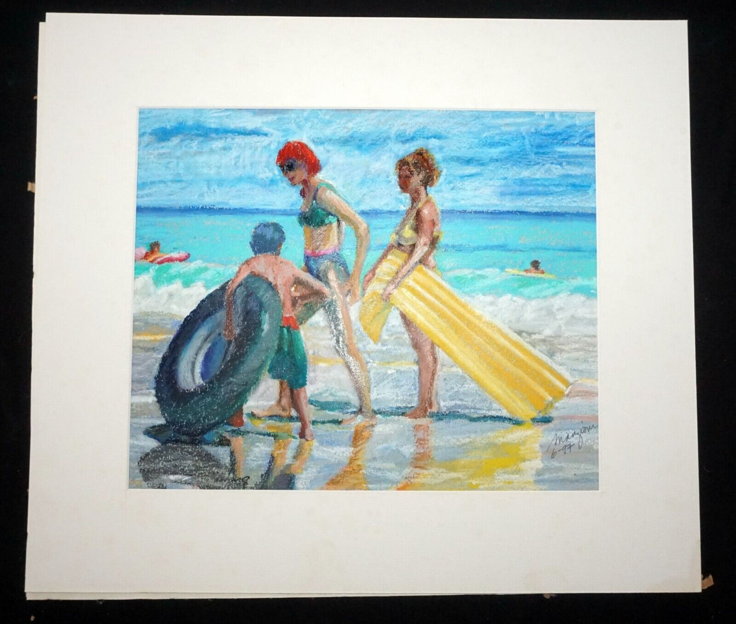 1997 Hawaii Oil Pastel Painting "Windward Beach Goers" by Ingrid Manzione (FeH)