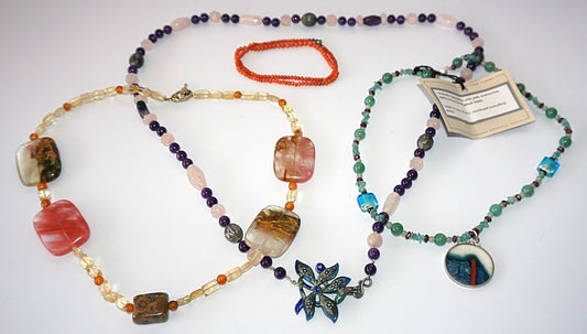 4x Chinese Mixed Bead Necklaces w Jade, Coral, Amethyst by Yasue Yamada (Yam)#11