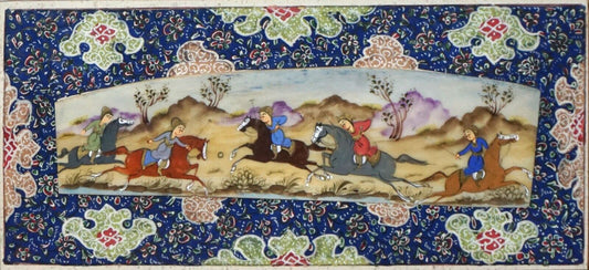 Vintage Persian Khatam Hunting Scene Hand Painted Miniature Painting (HiC)