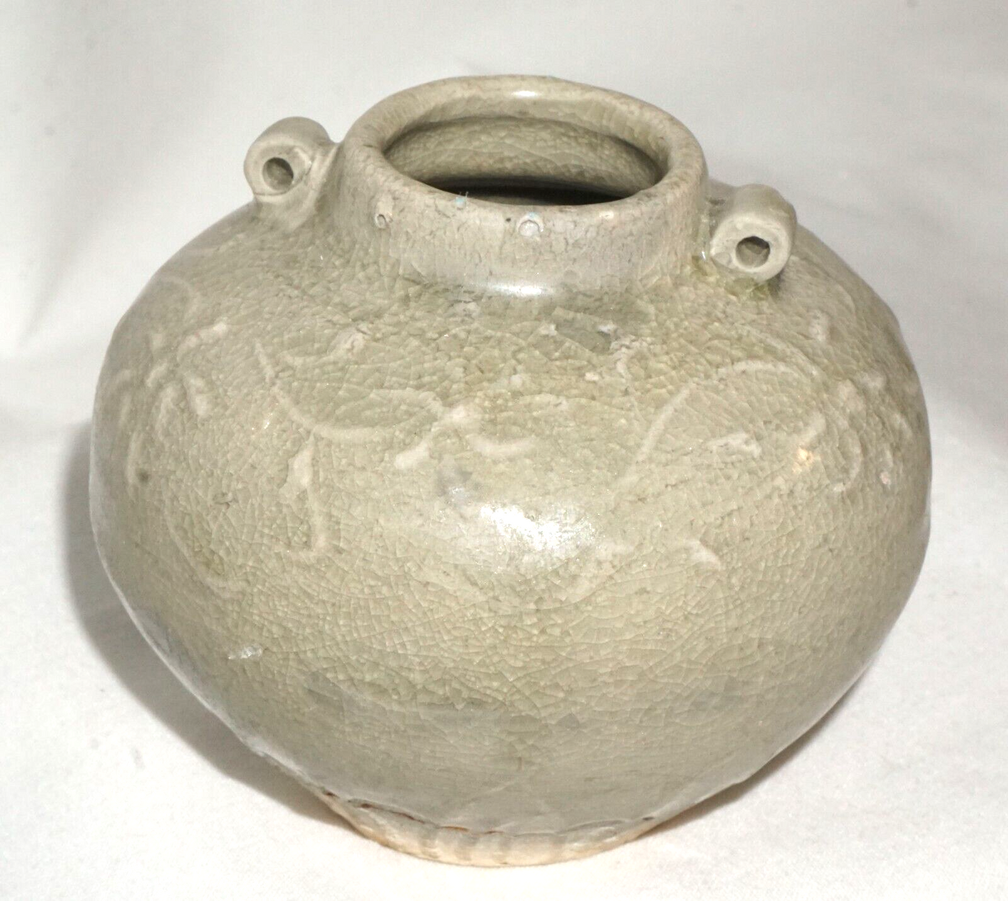 Chinese Song or Early Ming Pottery Jarlet Relief Floral Celadon (JSt)34 IC