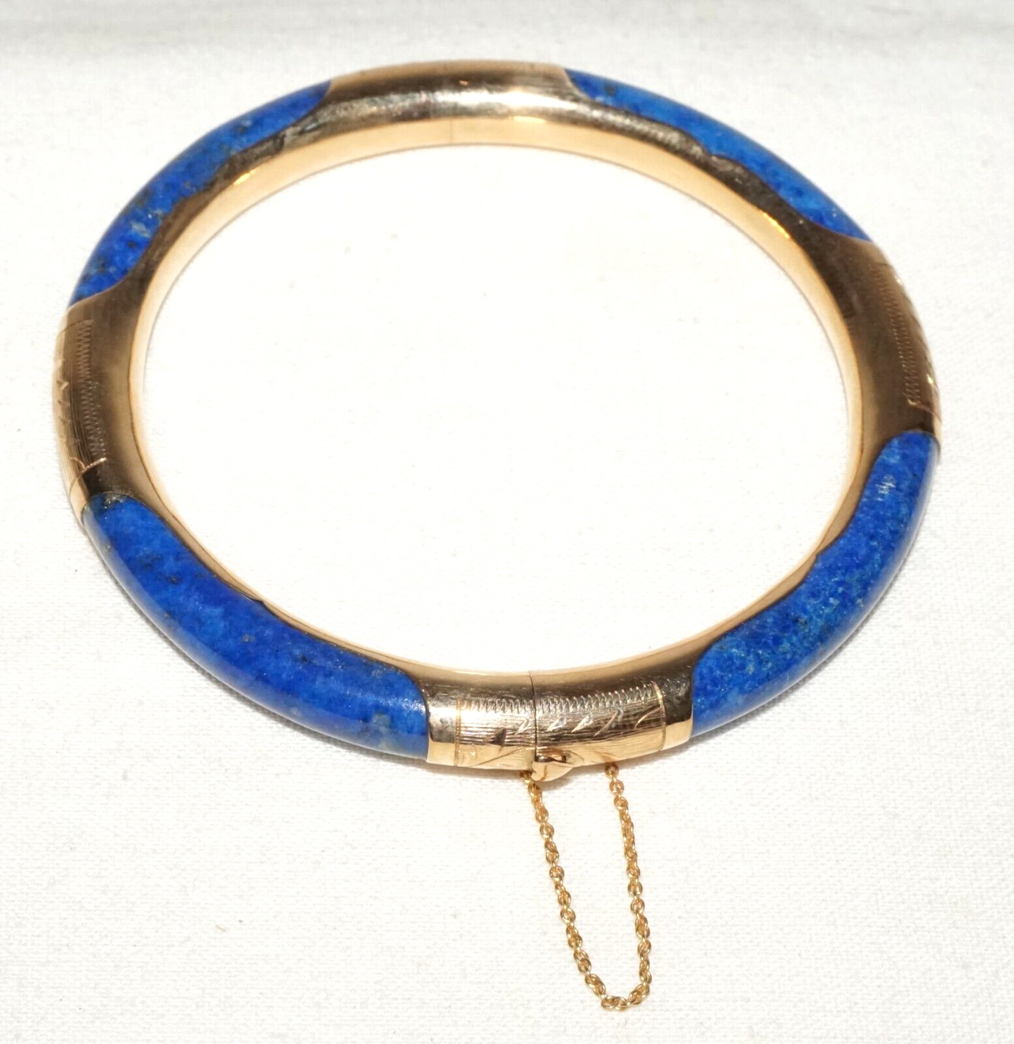 Vintage Chinese 14k Yellow Gold & Sodalite Hinged Bangle Bracelet (InS)#L1