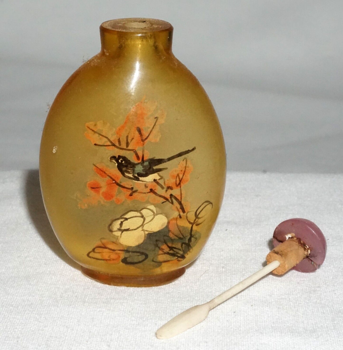 Vtg Chinese Reverse Painted Glass Snuff Bottle w Birds & Insects Motif (LLA) IC