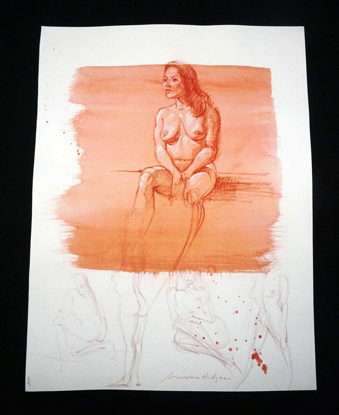 Hawaii Mixed Media Wash Painting Seated Female Nude Snowden Hodges(Sho)#128