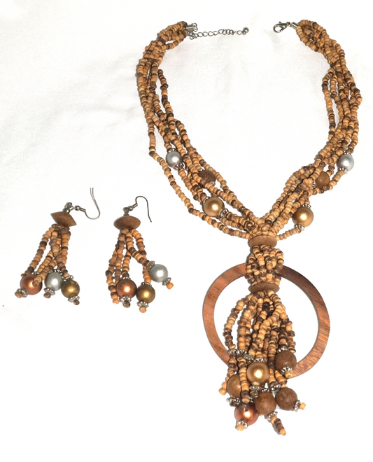 Multi Strand Necklace Accented w Coconut & Wood Beads w Matching Earrings (MaM)8