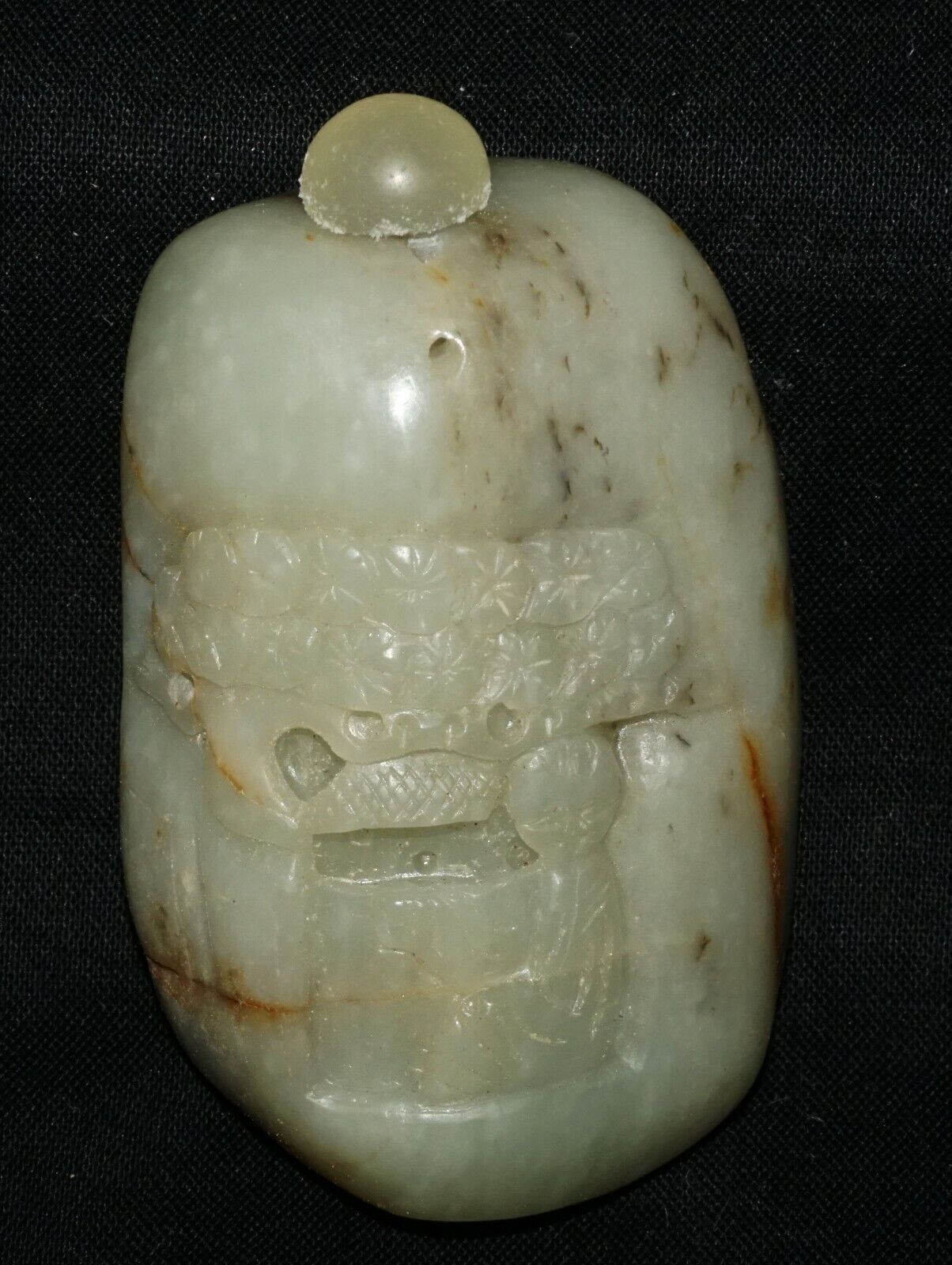 Chinese Jade Pebble Carved Snuff Bottle w. Figure under Pine Tree Motif (LeS) G2