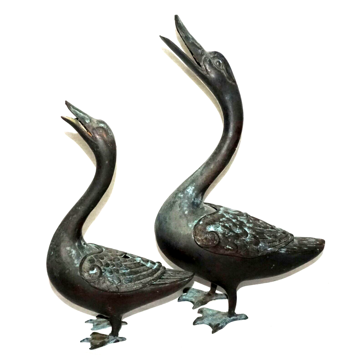 2Pc Chinese Bronze Incense Burners w. Squawking Geese Motif (NiC)