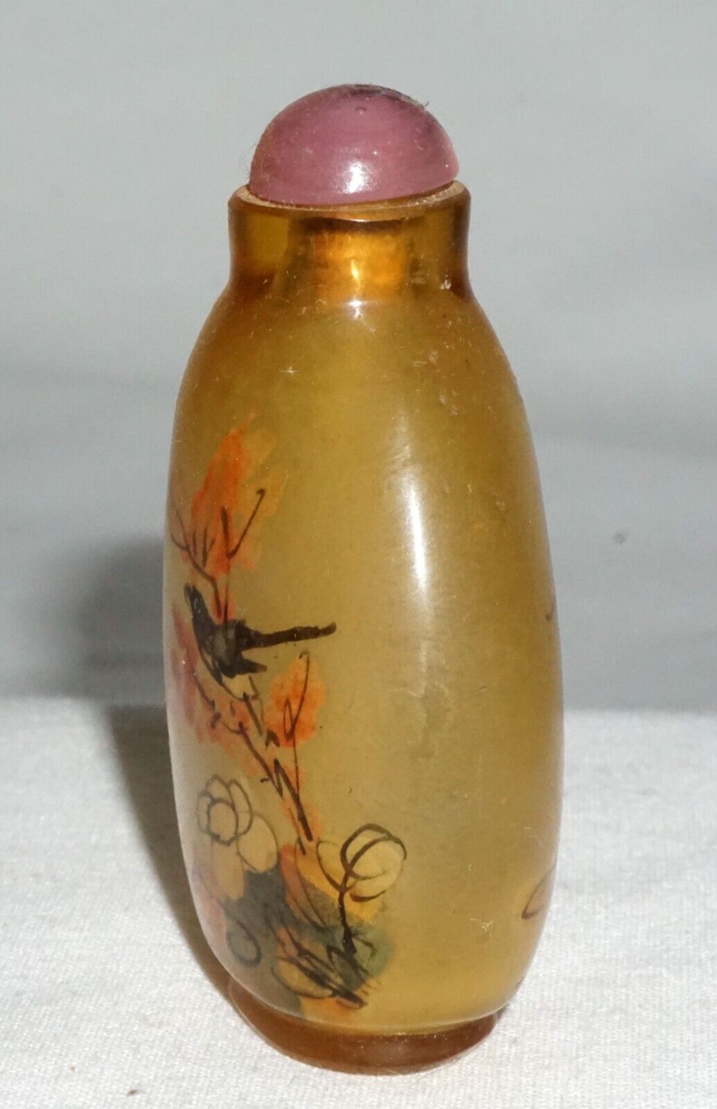 Vtg Chinese Reverse Painted Glass Snuff Bottle w Birds & Insects Motif (LLA) IC