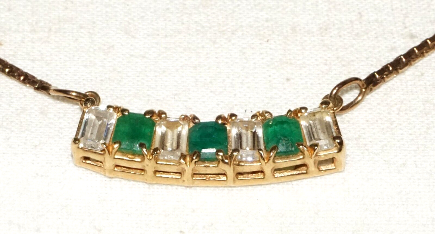 Vintage 14k Yellow Gold Necklace w. Bar Pendant 3x Emeralds & 4x CZ's (GoB) #29