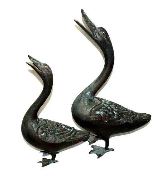 2Pc Chinese Bronze Incense Burners w. Squawking Geese Motif (NiC)