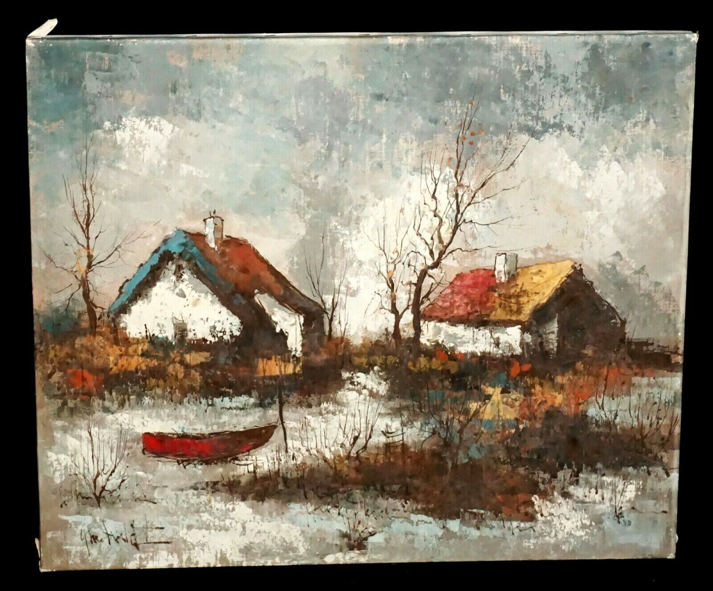 Vintage French Unframed Oil Painting Farm Houses & Boat illegibly signed (HoL)