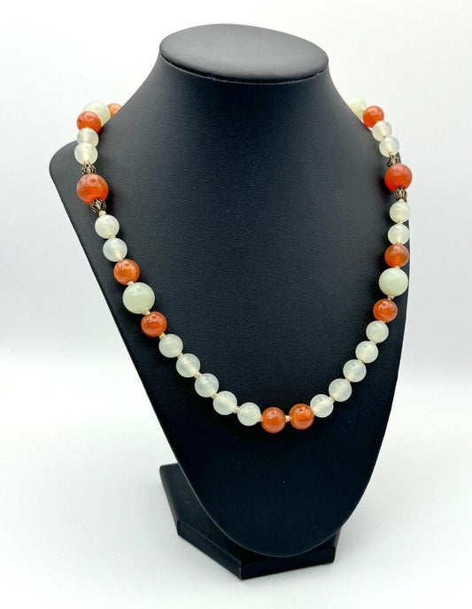 Vtg Chinese Celadon Jade & Carnelian Bead Necklace 27" w Filigree Clasp (MiM)