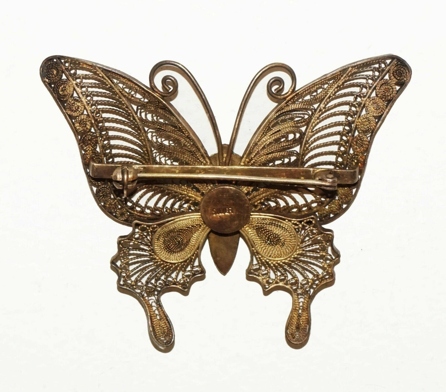 Vintage Chinese Gilt Silver Filigree & Enamel Large Butterfly Brooch (BrM)#15