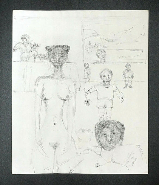 France HI Outsider Art Pen & Ink Painting Nude & Child Claude Vedel (EtJ)#71