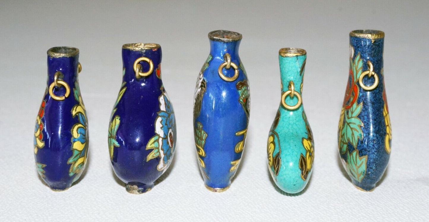 5Pc Chinese Cloisonne Enamel Miniature Vases w. Floral & Bird Motifs (DeL) #3