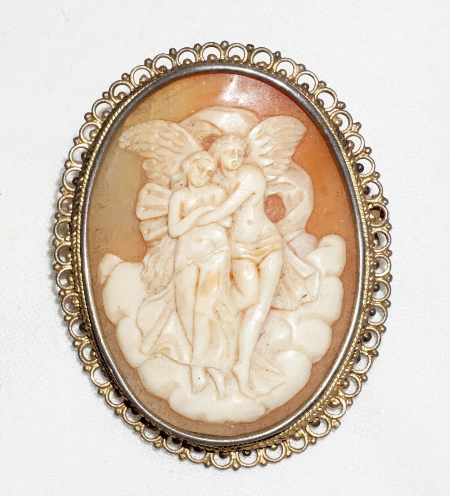 Vintage Unmarked Metal Scroll Design Brooch Shell Cameo w Angel Motif (BiB)