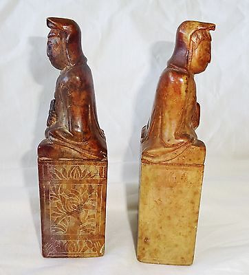 20CT Pair Chinese Steatite Seals Surmounted by Robed Female Figure (AHB)