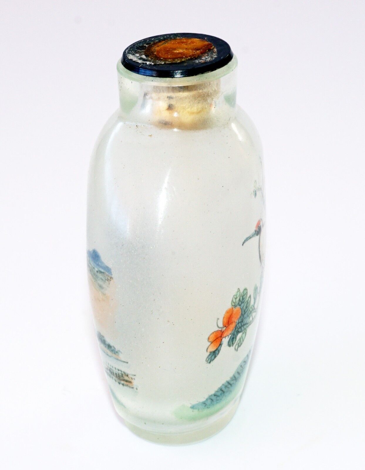 20C Chinese Inside Painted Crane & Landscape Glass Snuff Bottle w. No Stop (Pal)