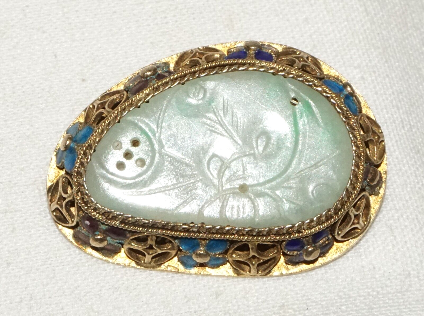 Antique Chinese Silver Filigree & Enamel Brooch set w. Jadeite Jade (InS)#L1-2