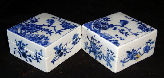 Pair 19C Chinese Blue & White Square Porcelain Boxes Bird & Flower Motif (HeN)