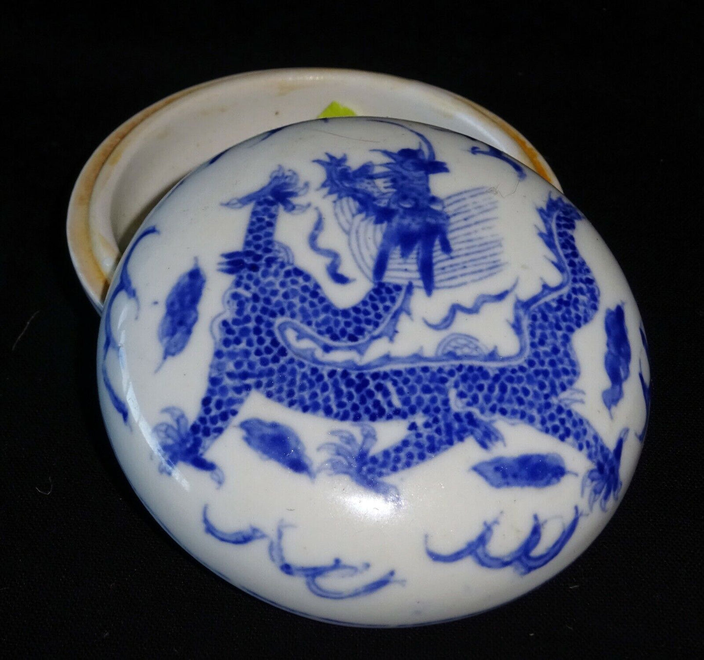 Chinese Covered B&W Seal Paste Box w. Writhing Dragon Motif & Reign Mark (HeN)