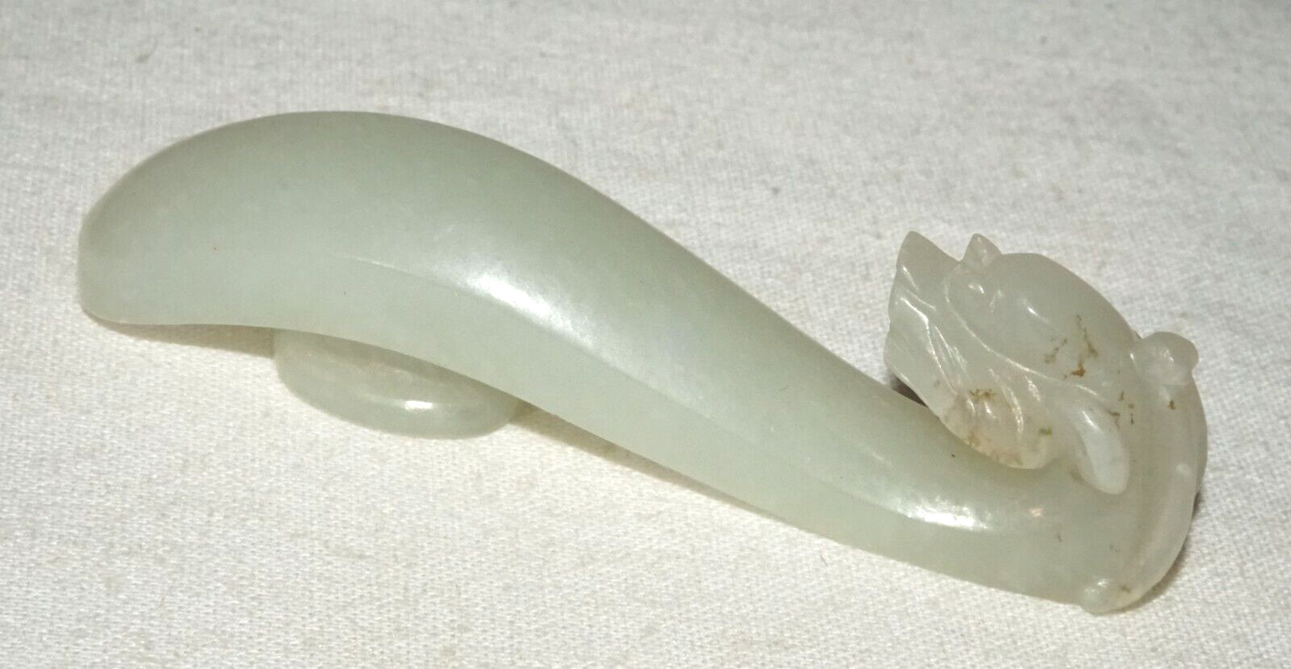 Antique Chinese Grey Green Nephrite Jade Dragon Belt Hook (UVi)#21