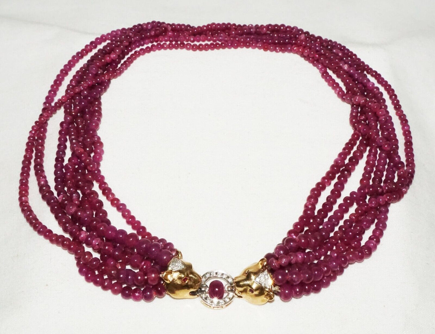 Vintage 7x Strand Ruby Bead Necklace w. 14k Y. Gold Double Leopard Clasp (LeD)