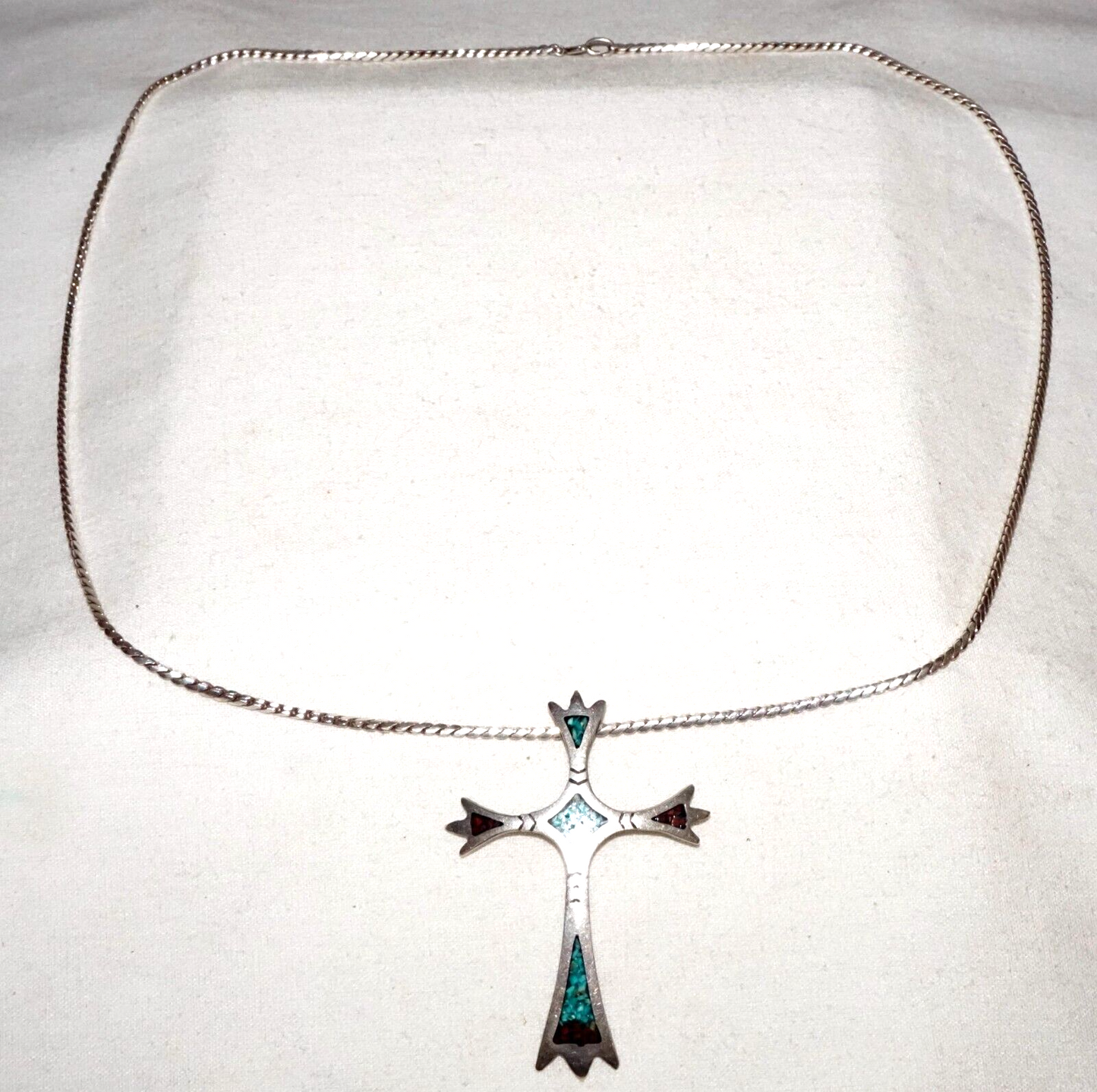 Vtg S.W. US Sterling Silver Necklace & Cross Pendant w. Turquoise & Coral (BeM)