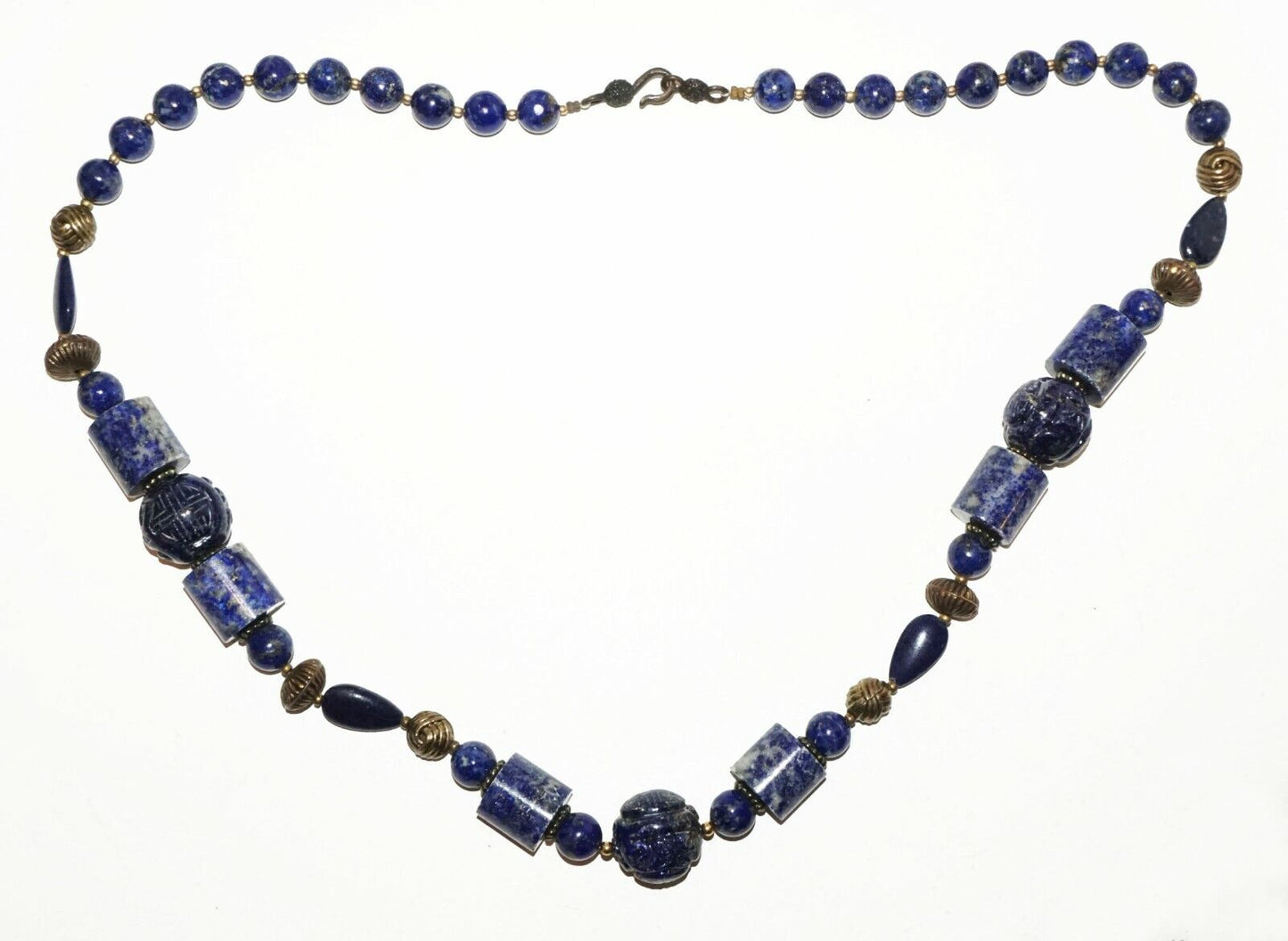 Vintage Chinese Lapis Lazuli Bead Necklace w. Plain & Carved Beads (HaY)#18