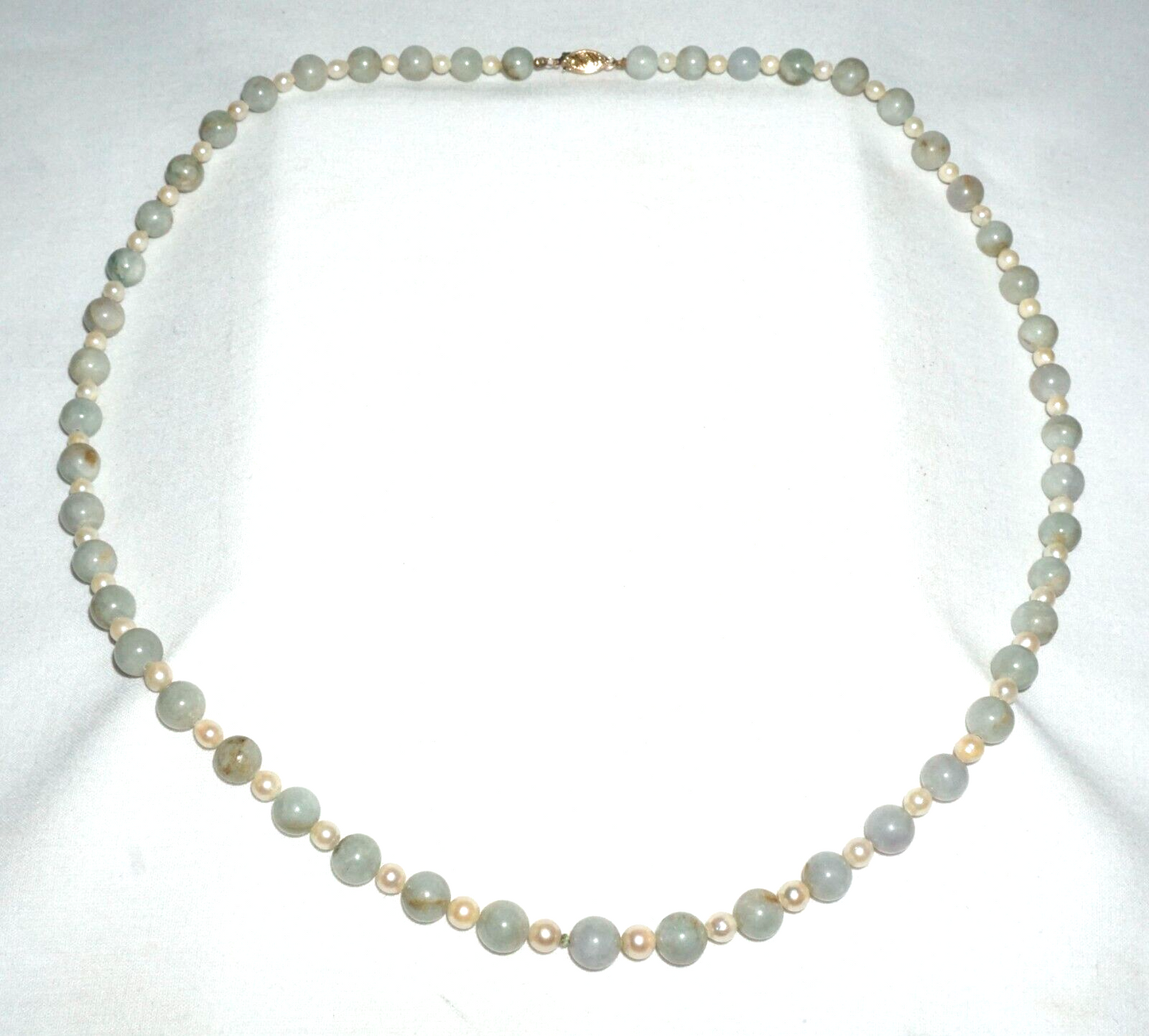 Vintage Chinese Jadeite Jade & Pearl Spacer Bead Necklace w. 14k Clasp (---)