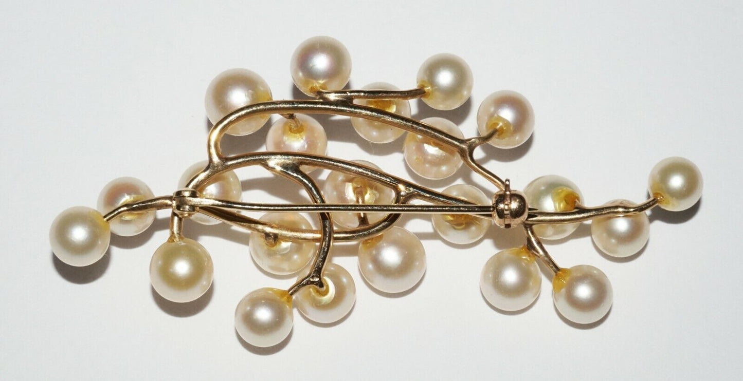 14k Yellow Gold Branch Motif Brooch set w. 24x Pearl Accents (NaD)#7