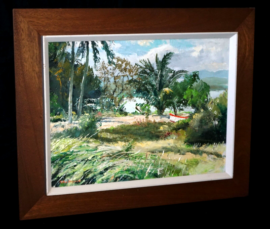 Vintage Hawaii Oil Painting of Tranquil Beach w Boat by Peter Hayward (OsL)