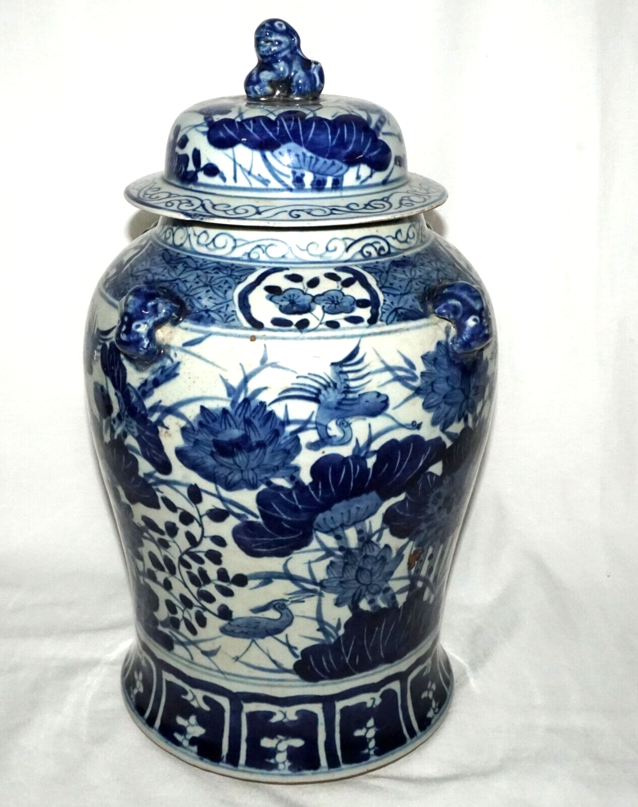 Antique Chinese Covered Jar w. Lotus & Bird Motifs in Blue Enamels (NiC)