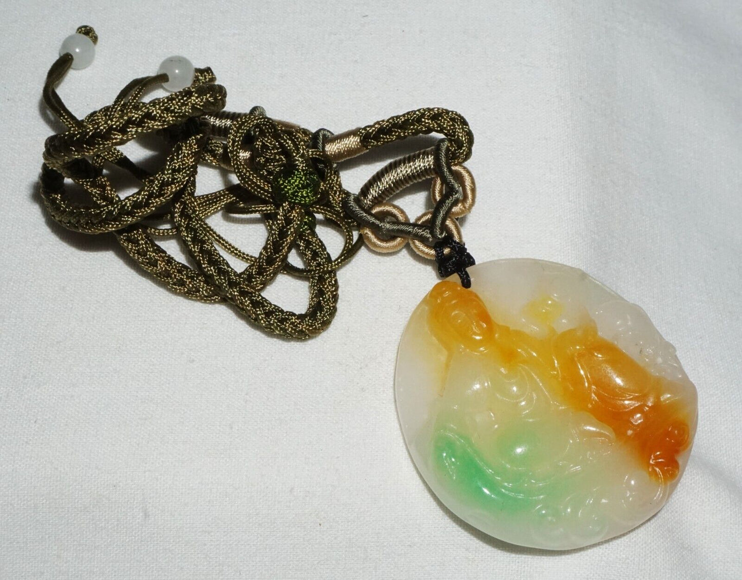 Vintage Chinese Semi Translucent Jadeite Jade Pendant w. Seated Kwan Yin (---)