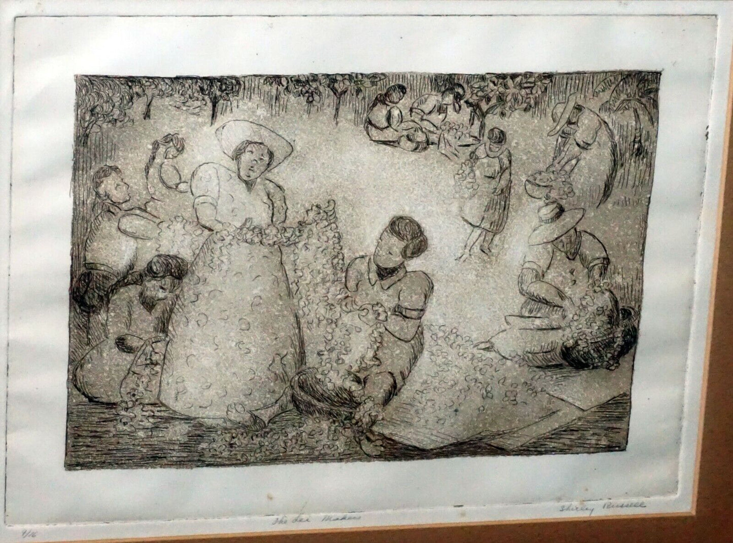 '40s Hawaii Etching Print "The Lei Makers" by Shirley Russell (1886-1985) (MaM)