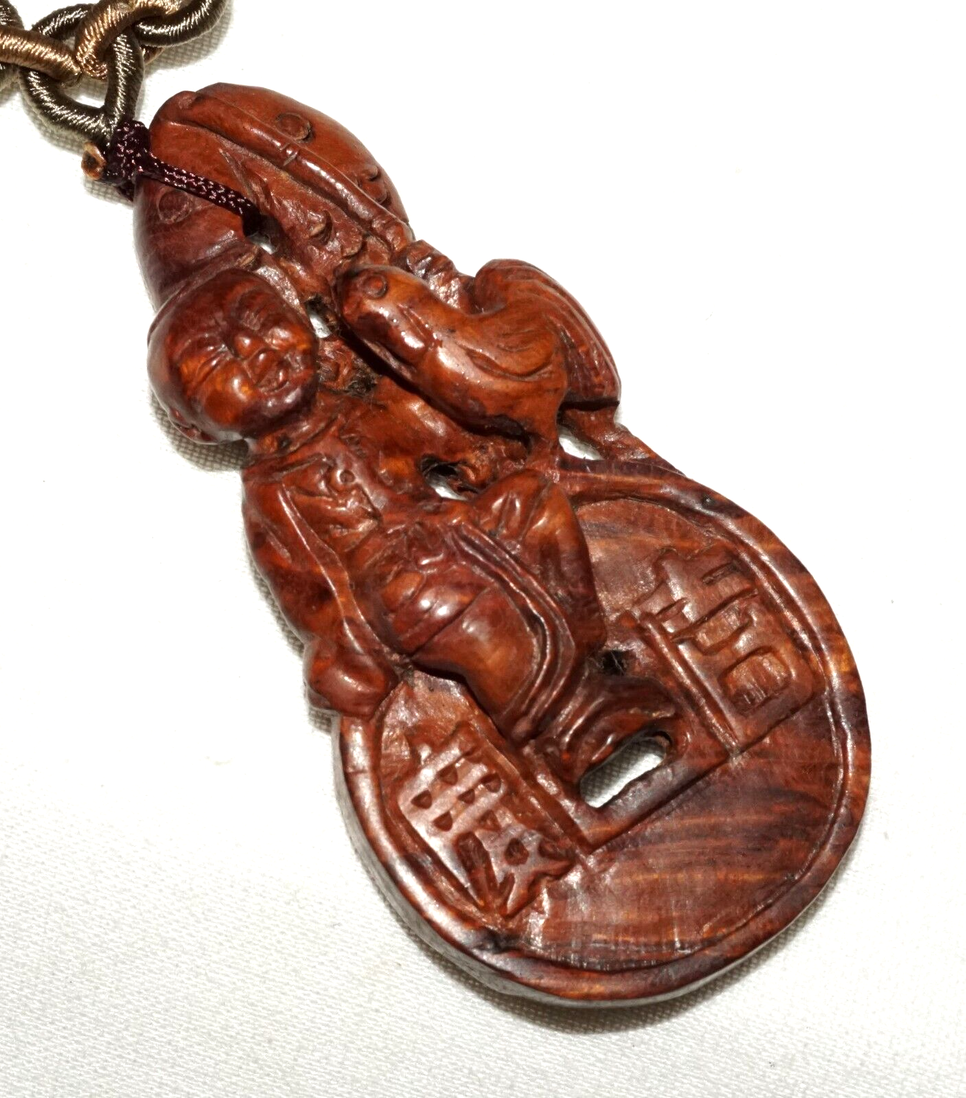 Vintage Chinese Wooden Pendant Carved Boy on Coin & Double Carp Motif (LeS)L21