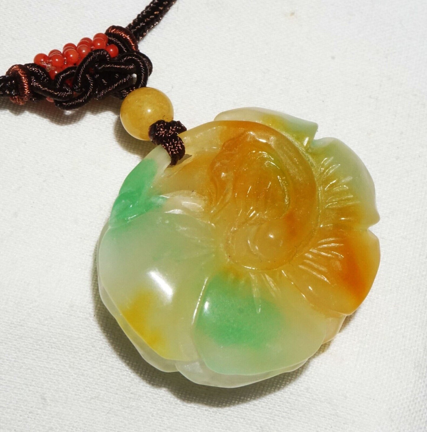 Vintage Chinese Semi Translucent Jadeite Jade Pendant w. Flower Motif (---)