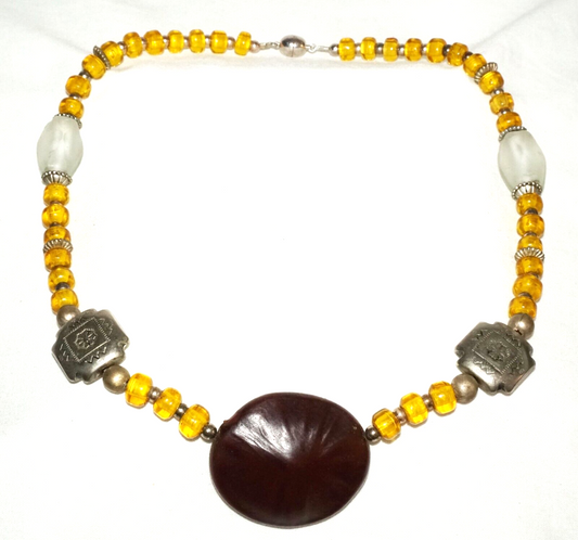 Vintage African Fashion Yellow Glass & Silver Bead Necklace w. Seed Pod (PaS)