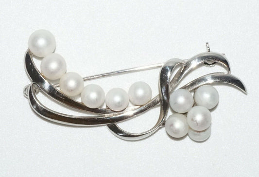 Vintage Japanese Silver & 10x Pearl Brooch by K. Mikimoto Tokyo (SaR)#280