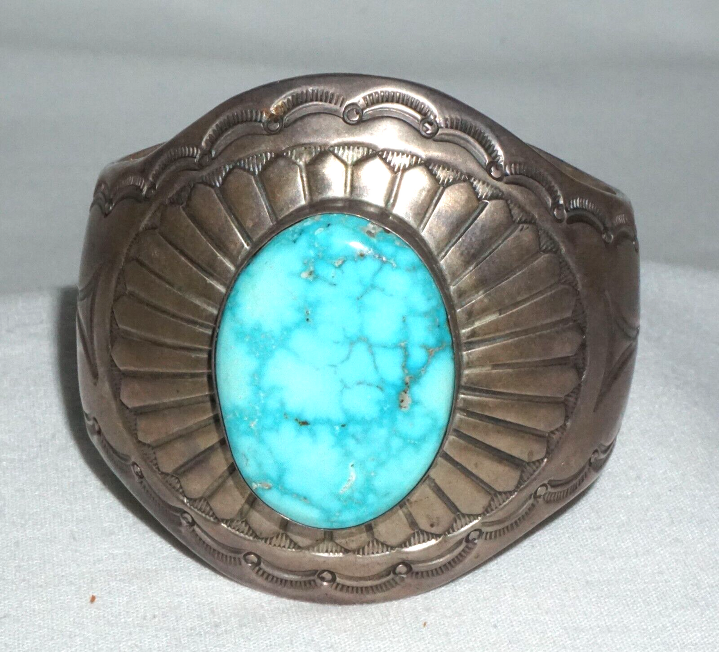 Vintage Navajo Heavy Sterling Silver Bracelet w. Turquoise Harvey Mace (GeB)#17