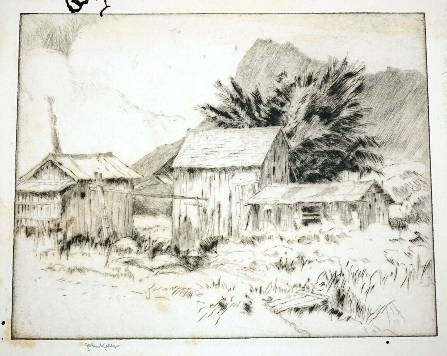 1920s Hawaii Etching Print "Homestead" by John Melville Kelly (1879-1962)(Kel)